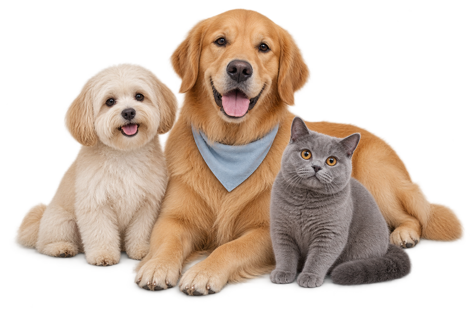 Dos perros y un gato juntos, tranquilos y bien cuidados